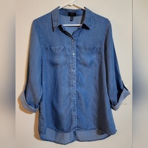 Chambray Boho Button-up Denim Look Tunic Top With Split Back Shirttail Size L